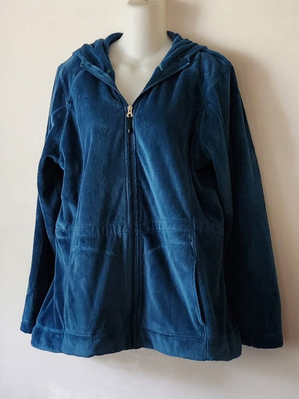 Lands' End hooded jacket fleece full zipper sz L teal lightweight VGUC